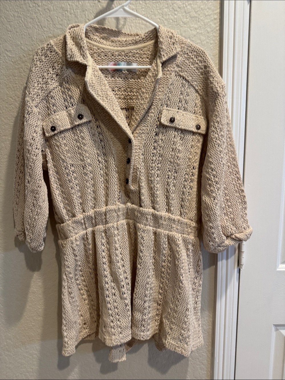 Cream Open-Knit Button-Front Women's Swim Coverup